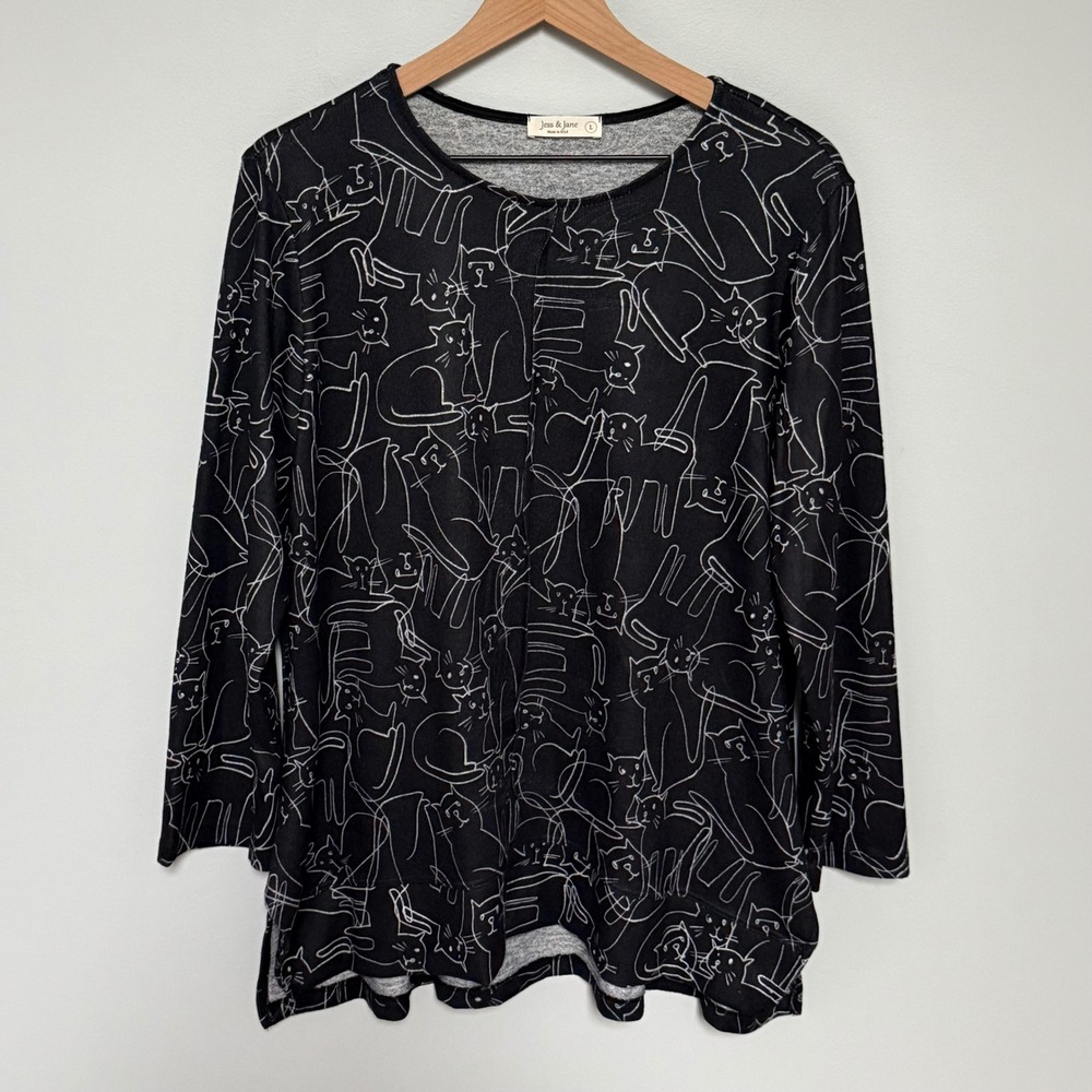 Jess & Jane Women's Kit Cat Line Art Print Tunic Top Whimsical Artsy Sz Large